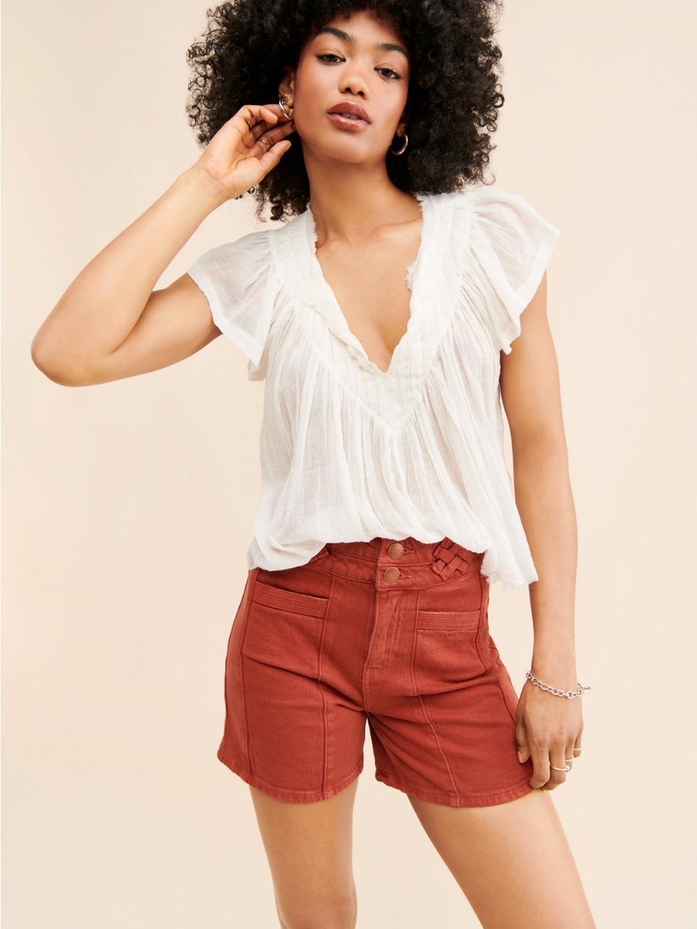 NWT High Waist Rust Shorts with Woven Detail - Picture 2 of 4